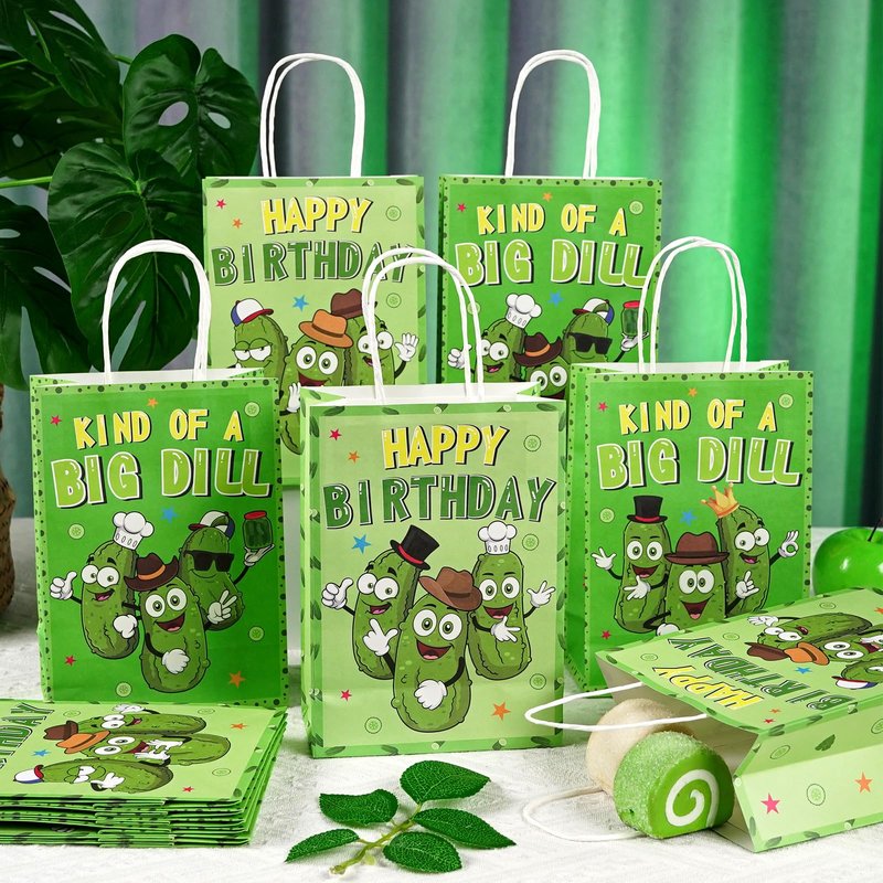 Pickle Party Favor Bags KIND OF A BIG DILL Paper Bags Big Cucumber HAPPY BIRTHDAY Gifts Bag Cute Cartoon Cucumber Wrapping Paper Funny Game Night Party Decorations for Adults Kids Birthday Supplies