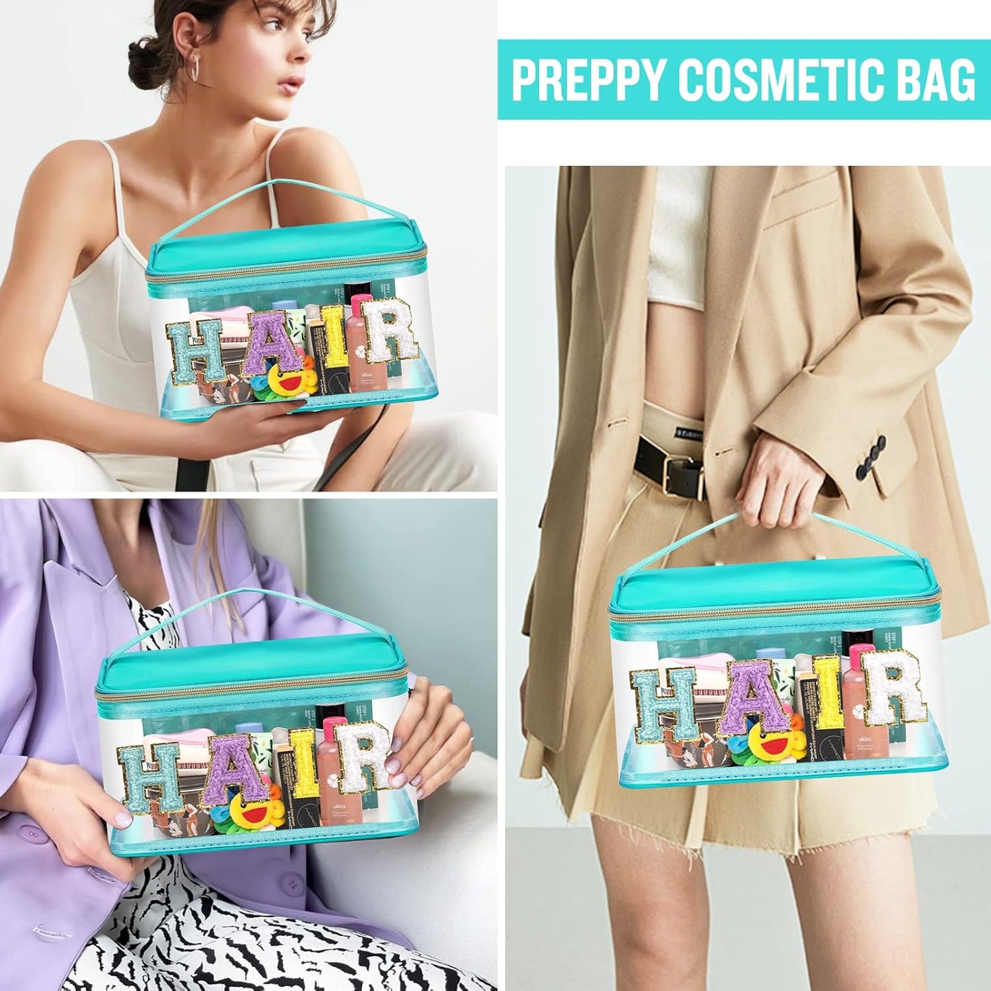 Clear Makeup Bag - Chenille Letter Hair Pouch | Waterproof Glitter Cosmetic Handbag for Travel - Green