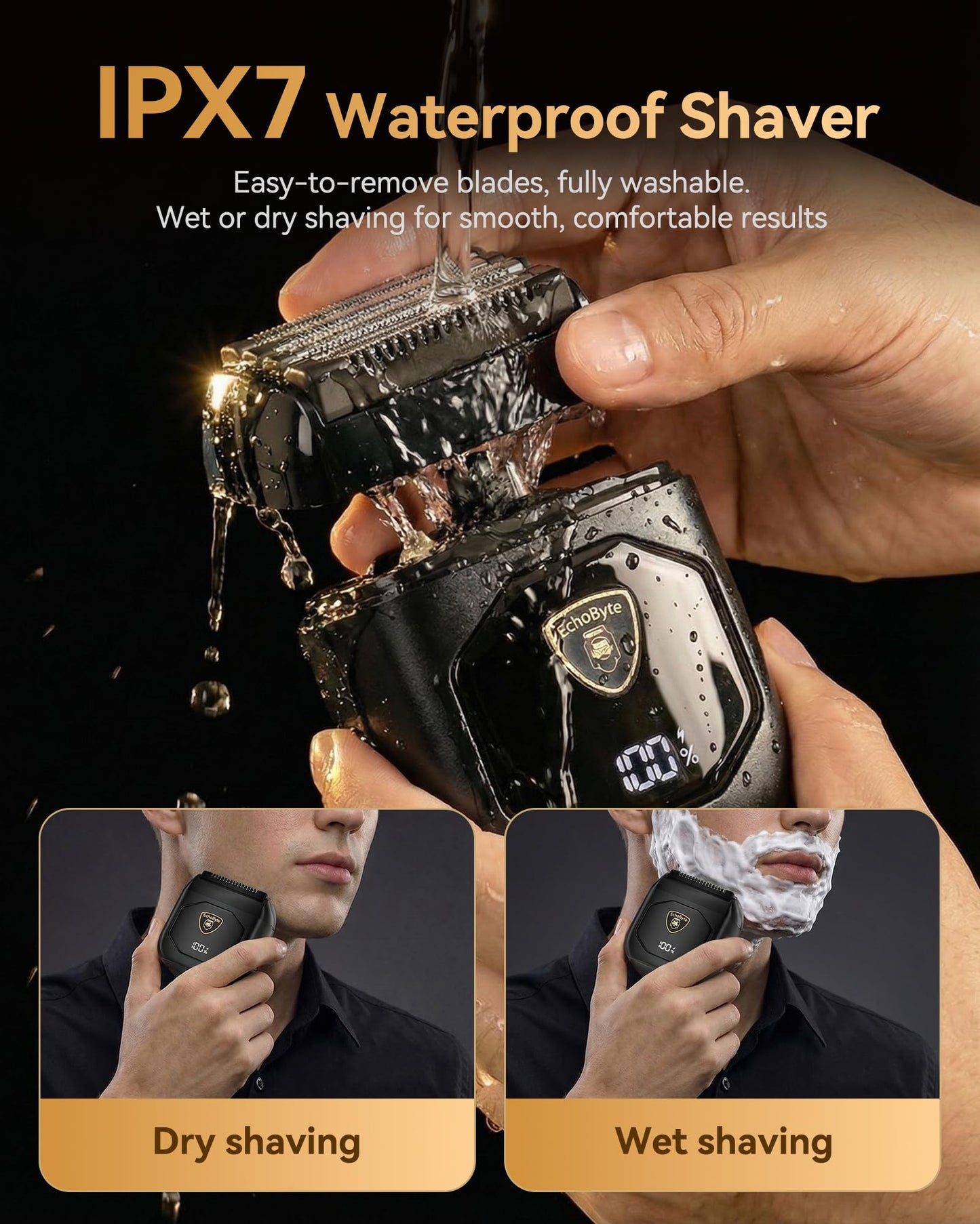 EchoByte Full Metal Electric Foil Shaver for Men: 4 Floating Blades, IPX7 Waterproof Wet & Dry Mini Razor, 120-Min Runtime USB-C Rechargeable, Quiet Travel Groomer with LED Display (Space Black)
