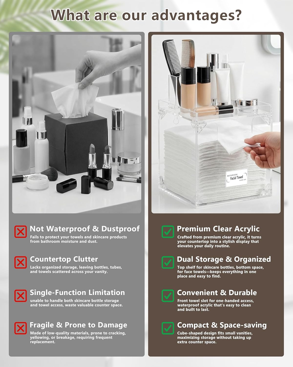 Foldable Facial Towel Holder - Acrylic Storage Box for Clean Towels | Non-Slip Pads, XL Size