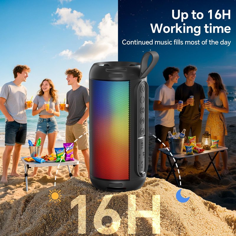 FULMINARE Bluetooth Speaker Wireless TWS Pairing 26W HD Loud Stereo Portable Bluetooth Speakers 6.0 with 16H Playtime, RGB LED Light, IPX5 Waterproof for Home Outdoor Party Gift Black