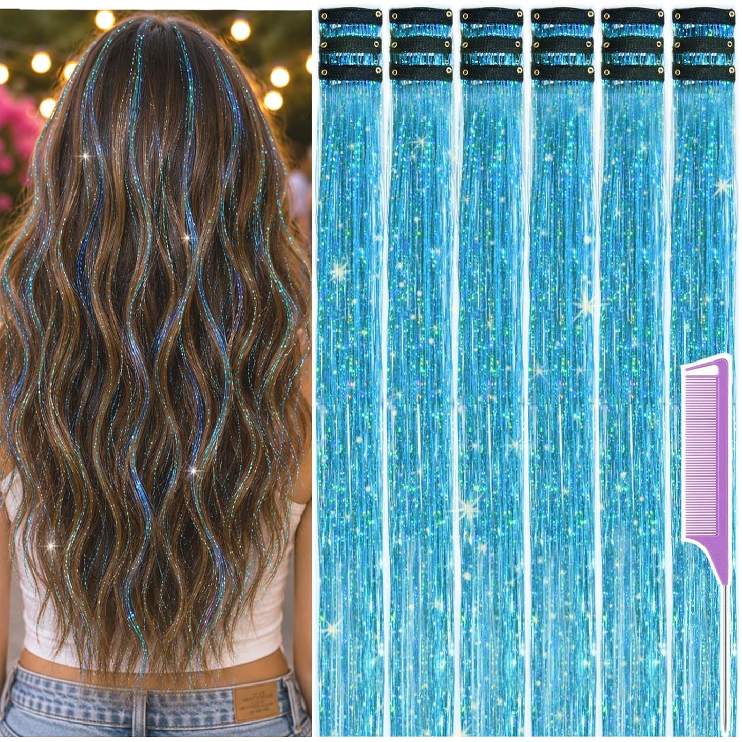 Hair Tinsel Clips - 18 Pcs 22 Inch Glitter Hair Extensions for Women & Girls | Coffee Gold