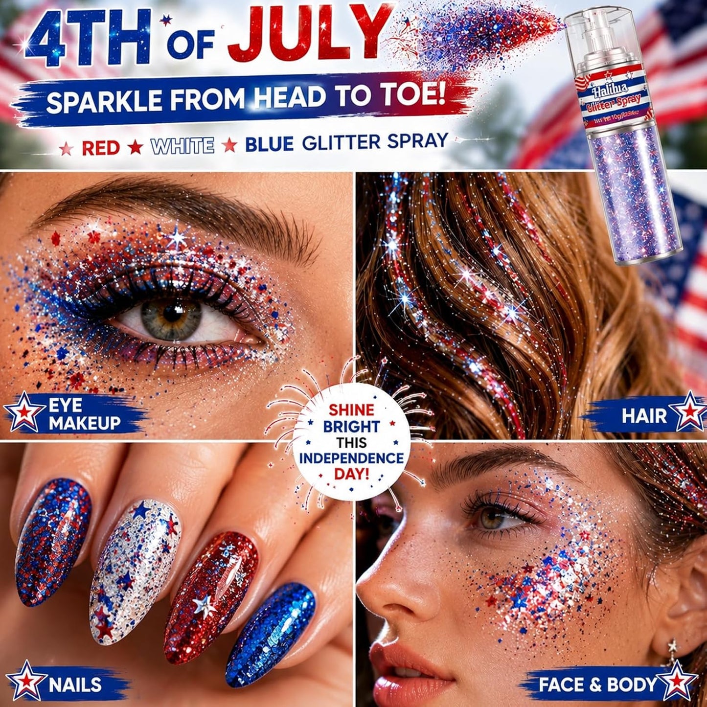 Red White Blue Glitter Spray - Patriotic Hair & Body Shimmer for 4th of July | Quick Dry, Lightweight Sparkle for Parties