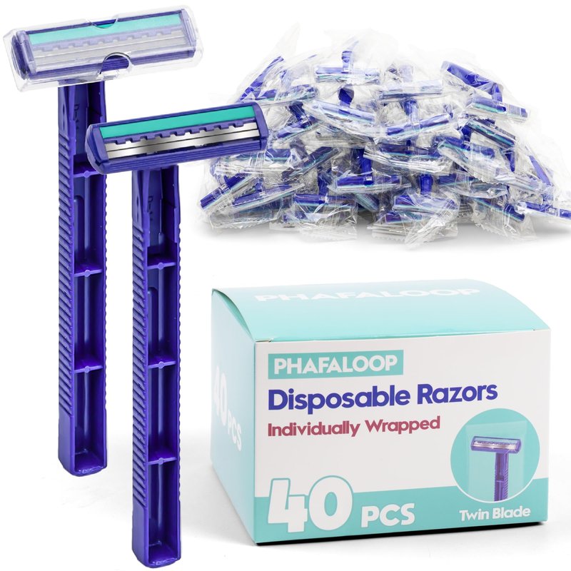 Phafaloop Individually Wrapped Twin Blade Disposable Razors – 40 Pack Stainless Steel Shavers with Lubricating Strip, Safety Cap & Non-Slip Handle for Sensitive Skin, Travel, Hotel, Hygiene Use