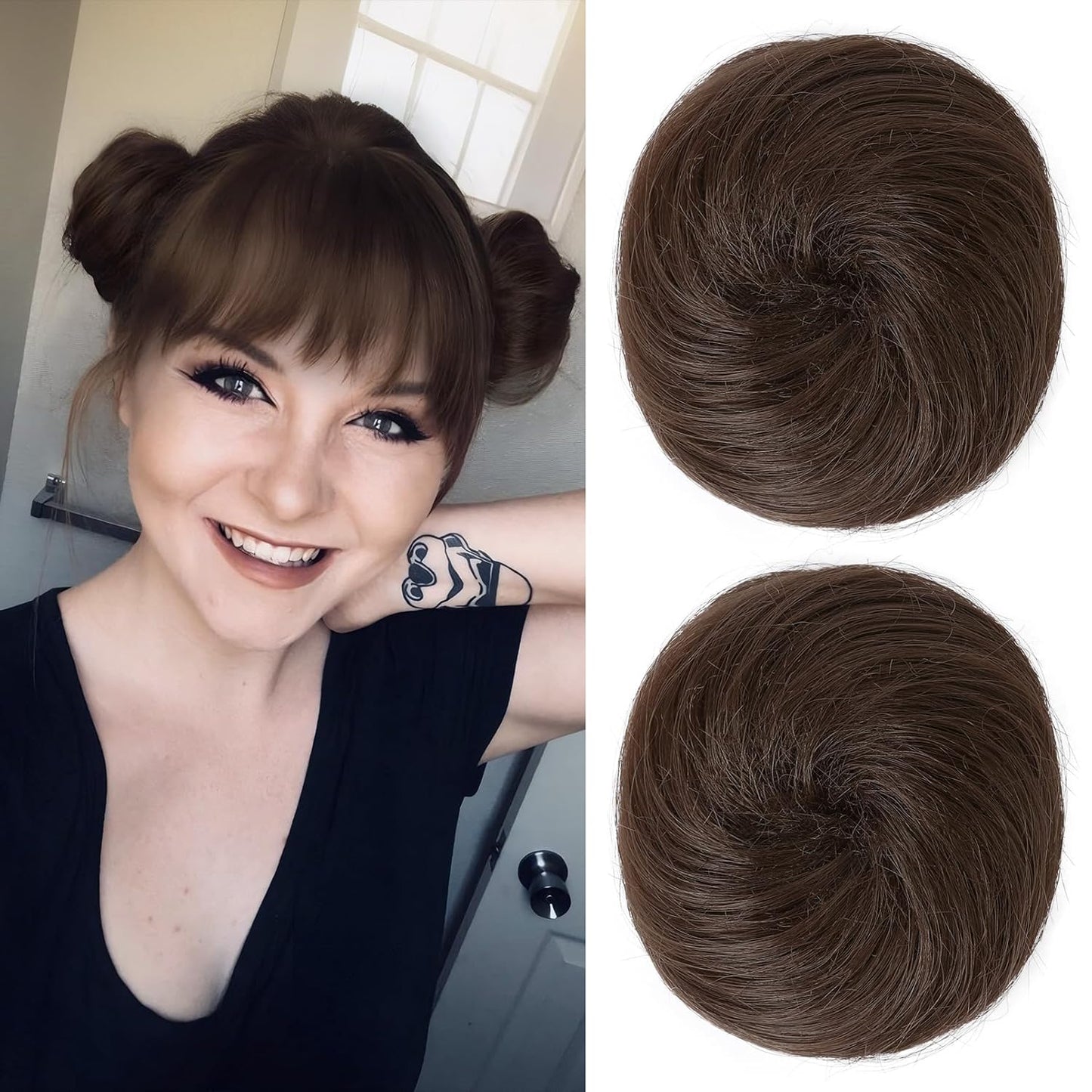 REECHO Mini Claw Clips - Messy & Cat Ears Hair Bun Extensions | 2-Pack, 3.5" Wavy, Natural Black