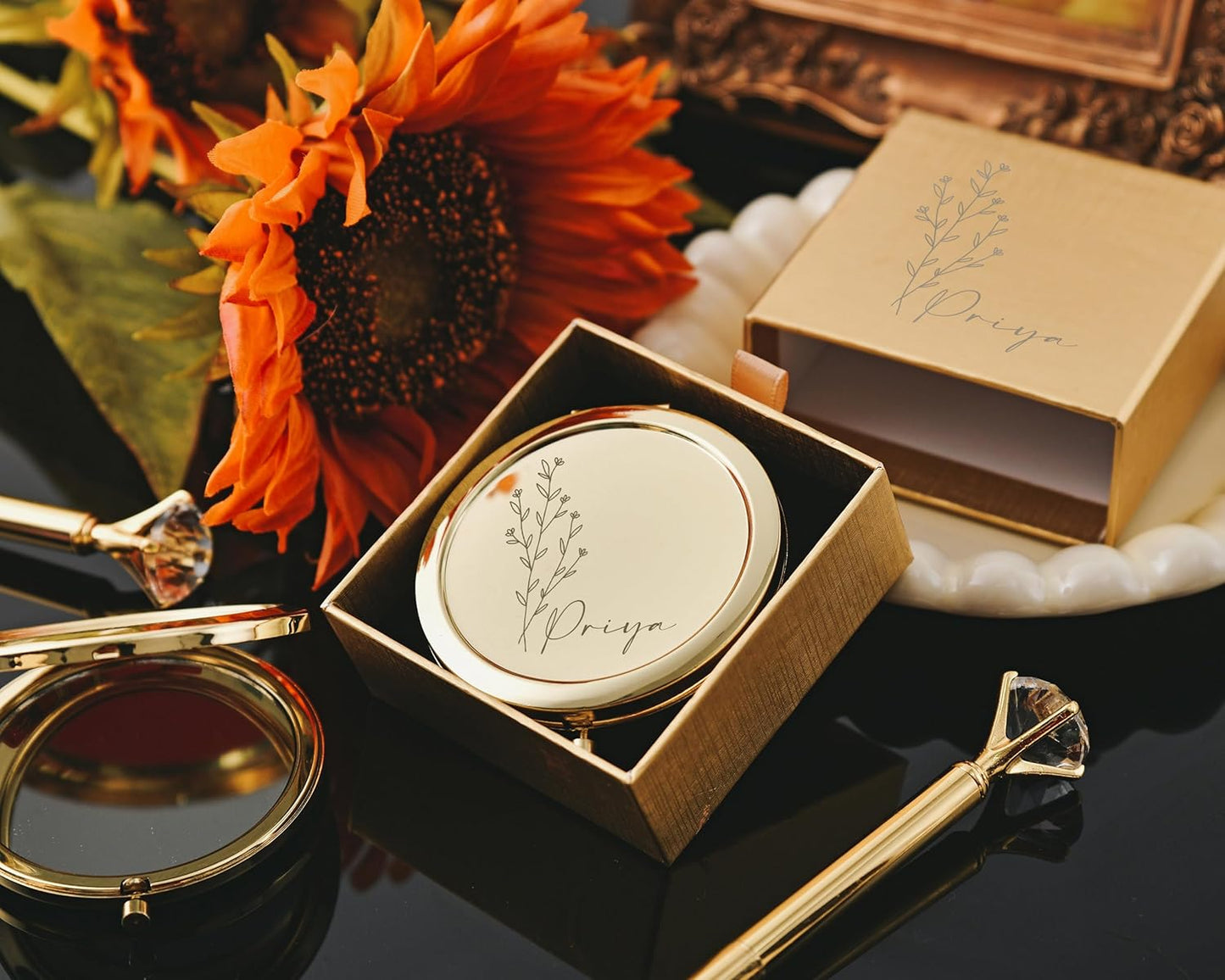 Custom Engraved Floral Compact Mirror - Personalized Bridesmaid Gift | Monogrammed Pocket Mirror for Weddings