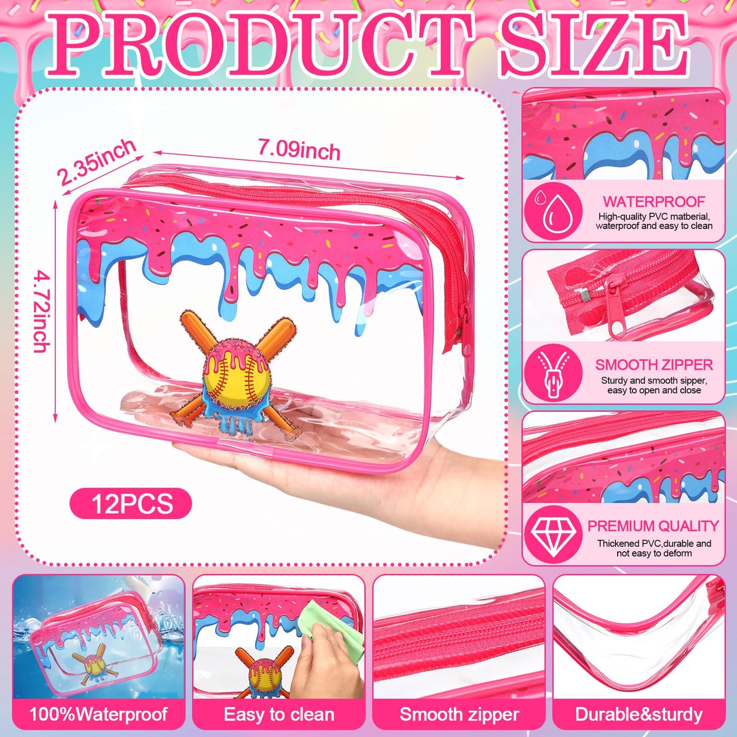 Tallew 12 Pcs Ice Cream Drip Softball Bags for Snacks 7 x 4.7 x 2.4'' Softball Snack Bags Sport Party Favor Clear PVC Waterproof Goodie Treat Pouch with Zipper for Team Gifts Birthday Party Favor
