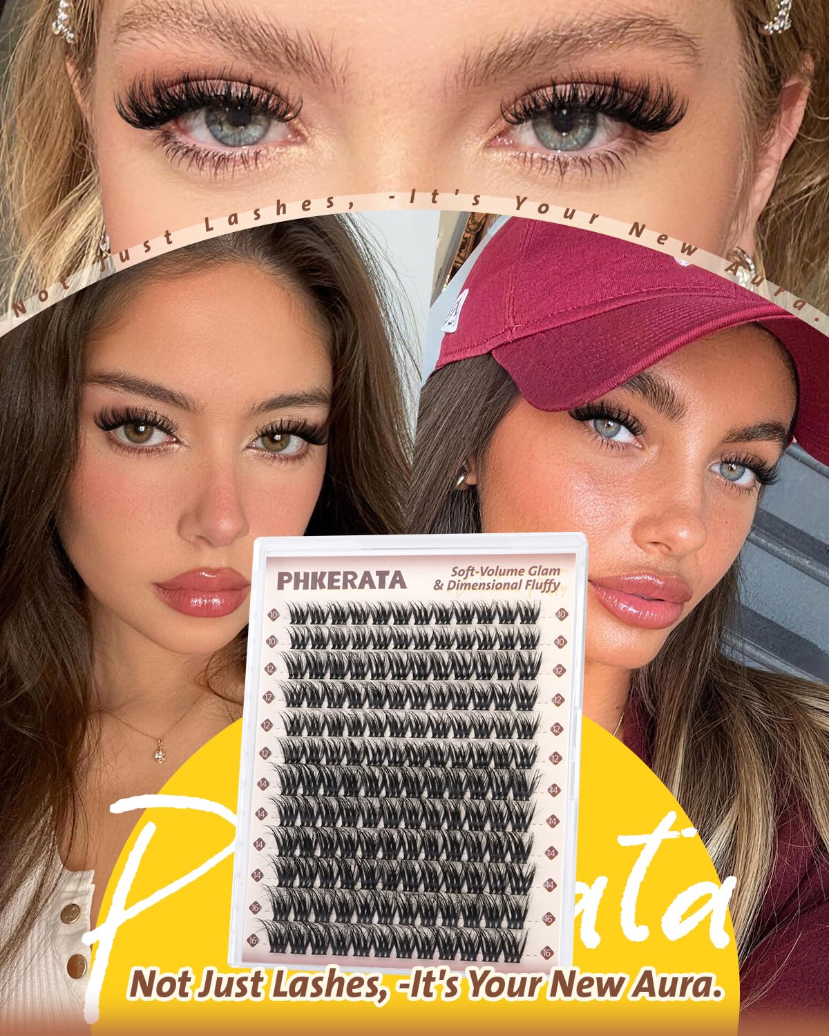 PHKERATA Fluffy Lash Clusters Wispy Eyelash Clusters, D Curl Cluster Eyelash Extensions, Light Volume Individual Lashes Cluster with Soft Thin Band, 10-16mm, 144Pcs