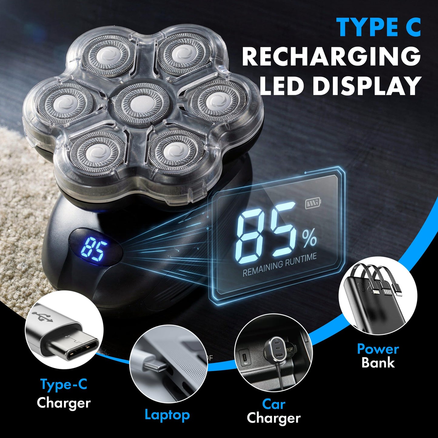 StyleCraft Ace 7X Rotary Bald Head Shavers for Men, Up To 8500 RPM Motor Cordless Electric Head Shaver & Razor with 7 Floating Flex Heads IPX7 Waterproof Wet & Dry Razor USB-C Rechargeable LCD Display