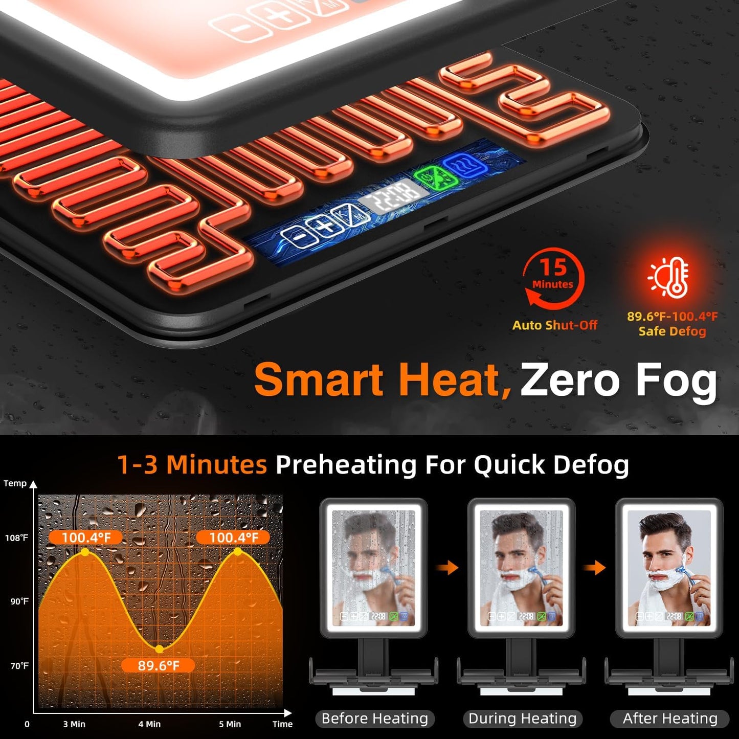 Fogless Shower Mirror for Shaving - LED Heated Rechargeable with Digital Clock & Storage Tray | Dimmable Touch Screen, 3 Color Lighting