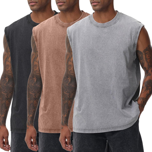 SnowElve 3 Pack Mens Workout Tank Tops Sleeveless Tee Shirts Men Muscle Shirt Gym Acid Wash T Shirts Running Beach Loose Fit Tee(CFGYBK,XL)