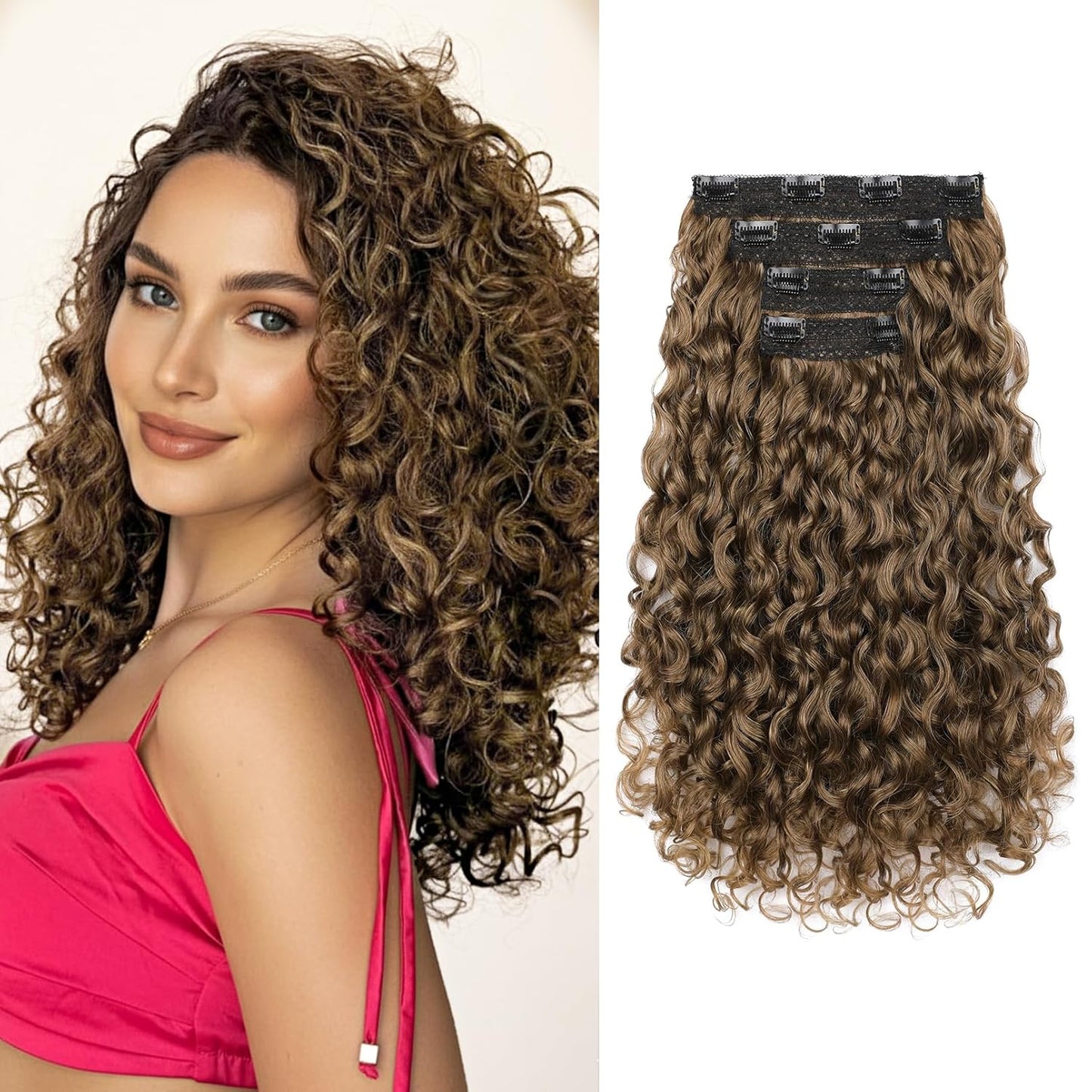 Curly Hair Extensions - 4PCS 18" GoGo Curly Clip-Ins | 100% Protein Hairpieces, Honey Blonde Highlights