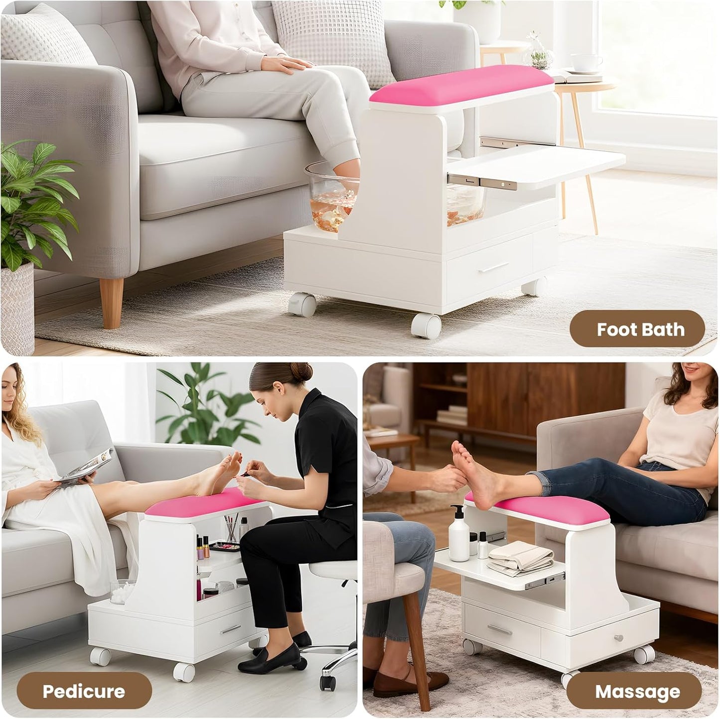 Rolling Pedicure Foot Rest Stool - PU Cushion Spa Station with Storage & Wheels | Pink