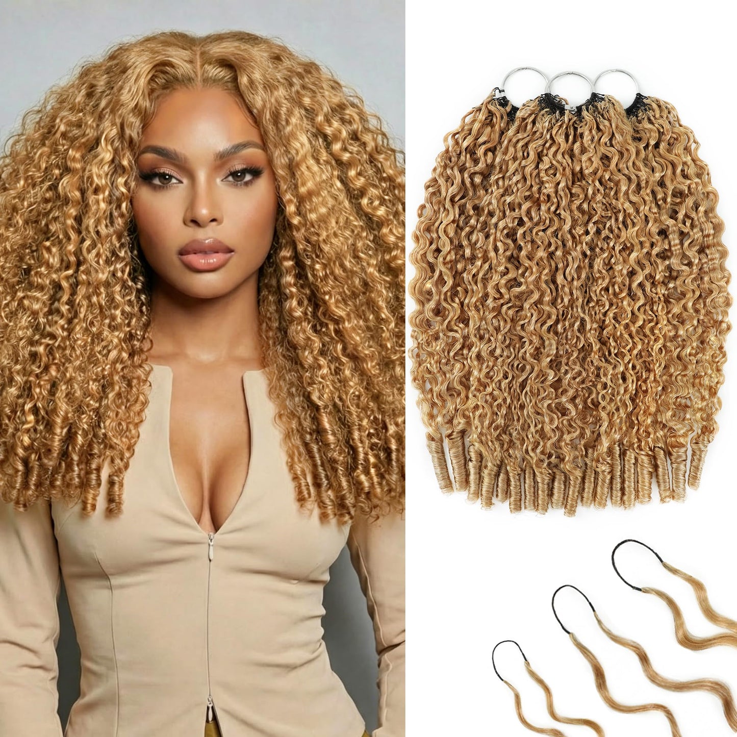 KULYMUWIG Honey Blonde Burmese Curly Crochet Human Hair 18 Inch 180g Pre-Separated Feather Human Crochet Hair Bundles 27# Invisible Miracle Knots Hair Extensions