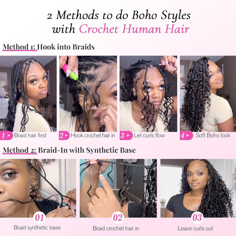 Feather Crochet Human Hair for Black Women - 100 Strands Deep Wave Boho Braids | Pre-Looped, Soft & Reusable