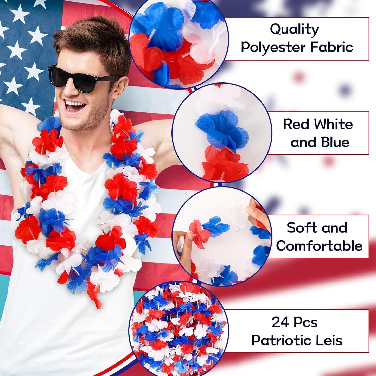 Patriotic Leis - 24 Pack Red White and Blue Flower Necklaces for 4th of July | Hawaiian Luau Decorations