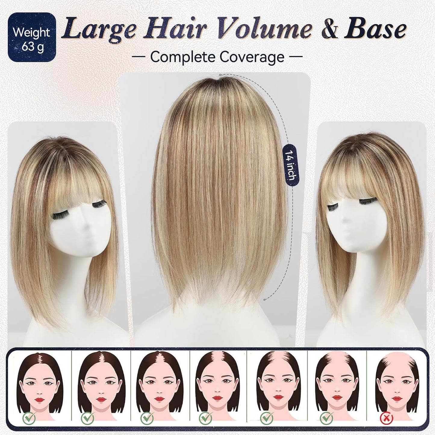 Real Human Hair Toppers for Women - 14 Inch Silk Base | Ash Blonde Mixed Brown with Bangs - 60g