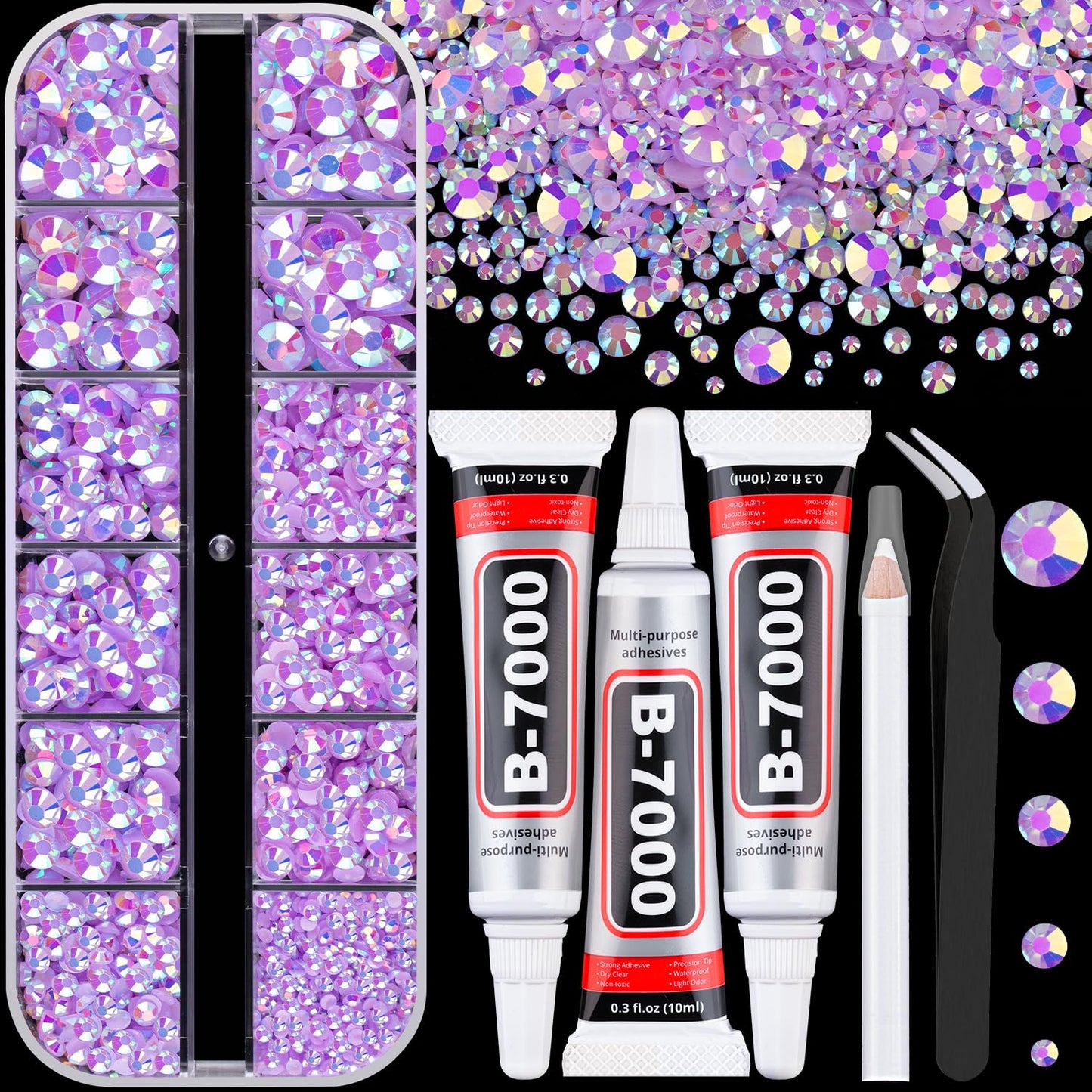 32000 Pcs Black Rhinestones - Flatback Resin Gems for Bedazzling | Jewelry Glue & Tweezers Included