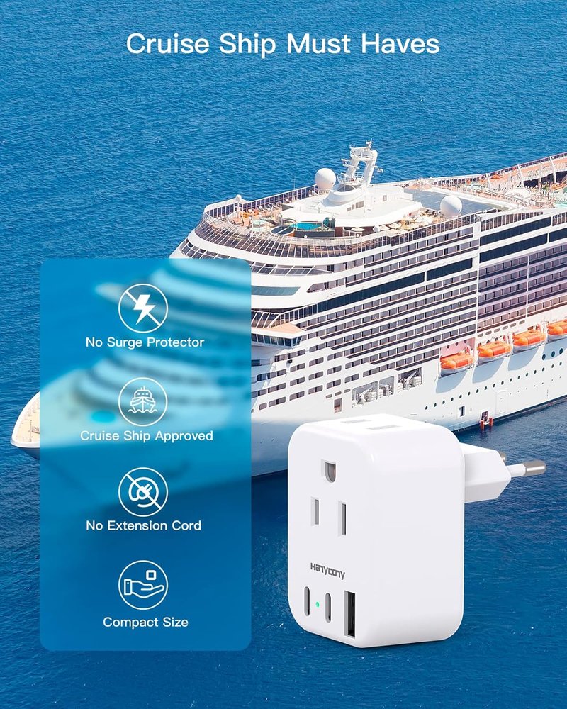 Travel Plug Adapter - USB C International Converter for Europe | 2 Outlets & 3 USB Ports for Italy, Spain, France, Germany
