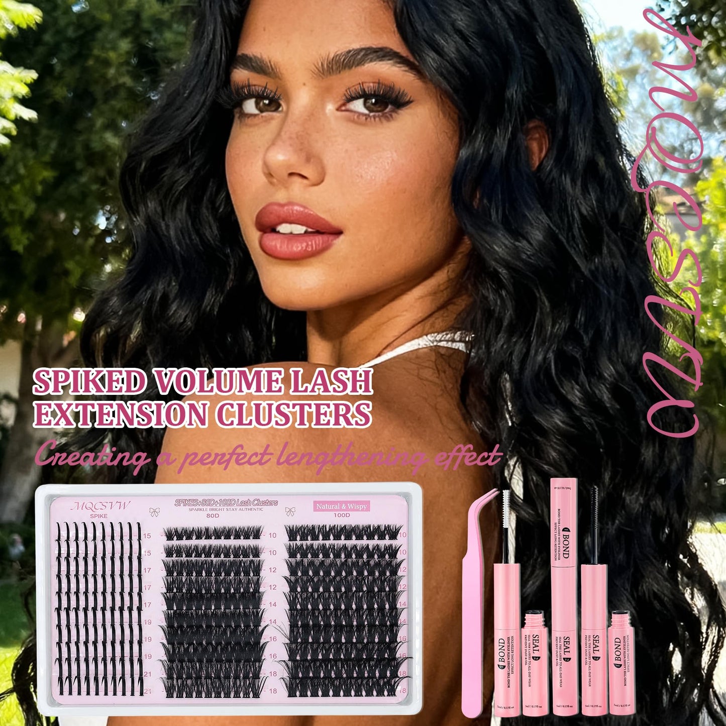 Lash Clusters Spikes 80D 100D Long 10-21mm Cluster Eyelash Extensions Kit, Wispy Thick Volume Lashes Clusters,300pcs Individual Lashes DIY Spiky Manga with Lash Strips, Bond Seal Tweezers