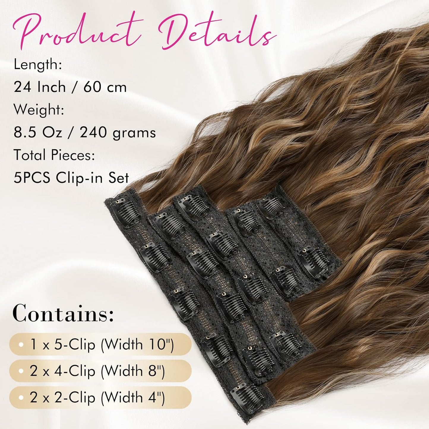 Clip In Hair Extensions - 24" Thick Long Loose Waves | Invisible Lace Weft, Natural Soft Hairpieces - Chocolate Brown with Blonde Highlights