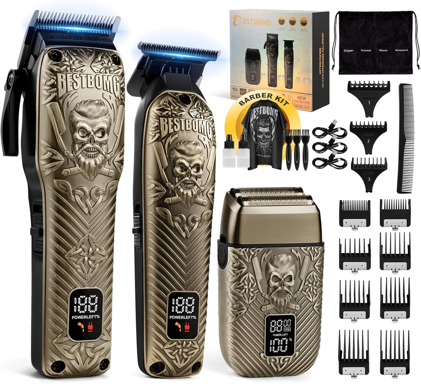 Professional Hair Clippers for Men - Rechargeable Metal T-Blade Beard Trimmer & Shaver Set | LED Display, Bronze