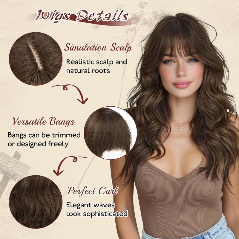 Brown Wigs with Bangs - 20 Inch Soft Wavy Synthetic Heat Resistant Hair Wig for Women | Natural Look, Brown with Highlights
