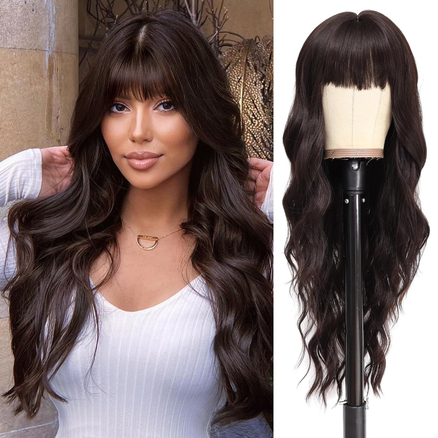 NAYOO Brown Wigs for Women - Long Curly Wavy Hair | Heat Resistant Synthetic Fiber, 24 Inches
