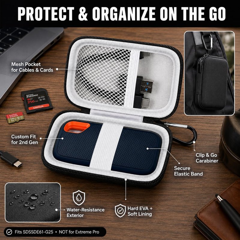 Hard Case Compatible with SanDisk 500GB/ 1TB/ 2TB/ 4TB Extreme Portable SSD - Up to 1050MB/s - USB-C, USB 3.2 Gen 2 - External for Solid State Drive. Carrying Travel Holder for USB Cables (Box Only)