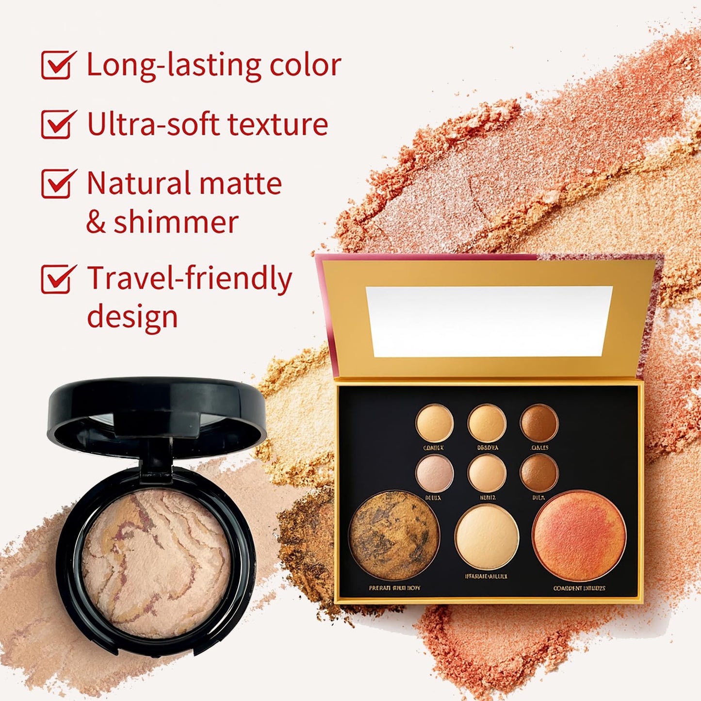 K'APEINE Baked Makeup Kit for Women - 9Colors Shimmer Eyeshadow Bronzer Blush Palette, Baked Pressed Powder Foundation & Retractable Blush Brush, Long-Lasting & Pigmented Travel Makeup Set-01