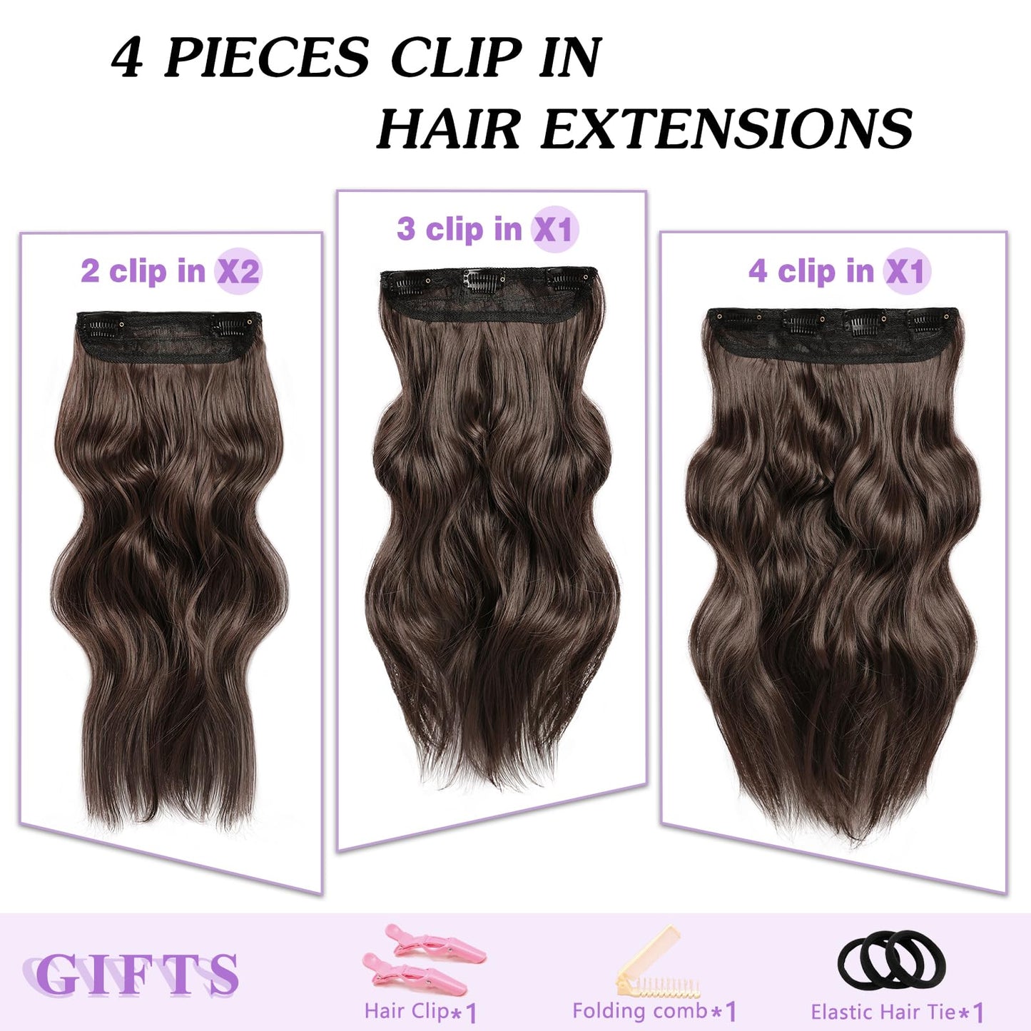 NAYOO 4PCS Clip in Hair Extensions Long Wavy Curly Synthetic Thick Hairpieces Dark Brown for Women with Fiber Double Weft Hair Full Head（16 Inch, Dark Brown）