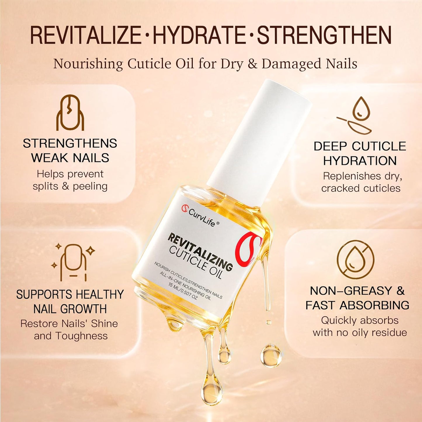 CurvLife Cuticle Oil - Lightweight Non-Greasy Nail Treatment with Curved Brush | Moisturizing Repair for Dry Cracked Cuticles