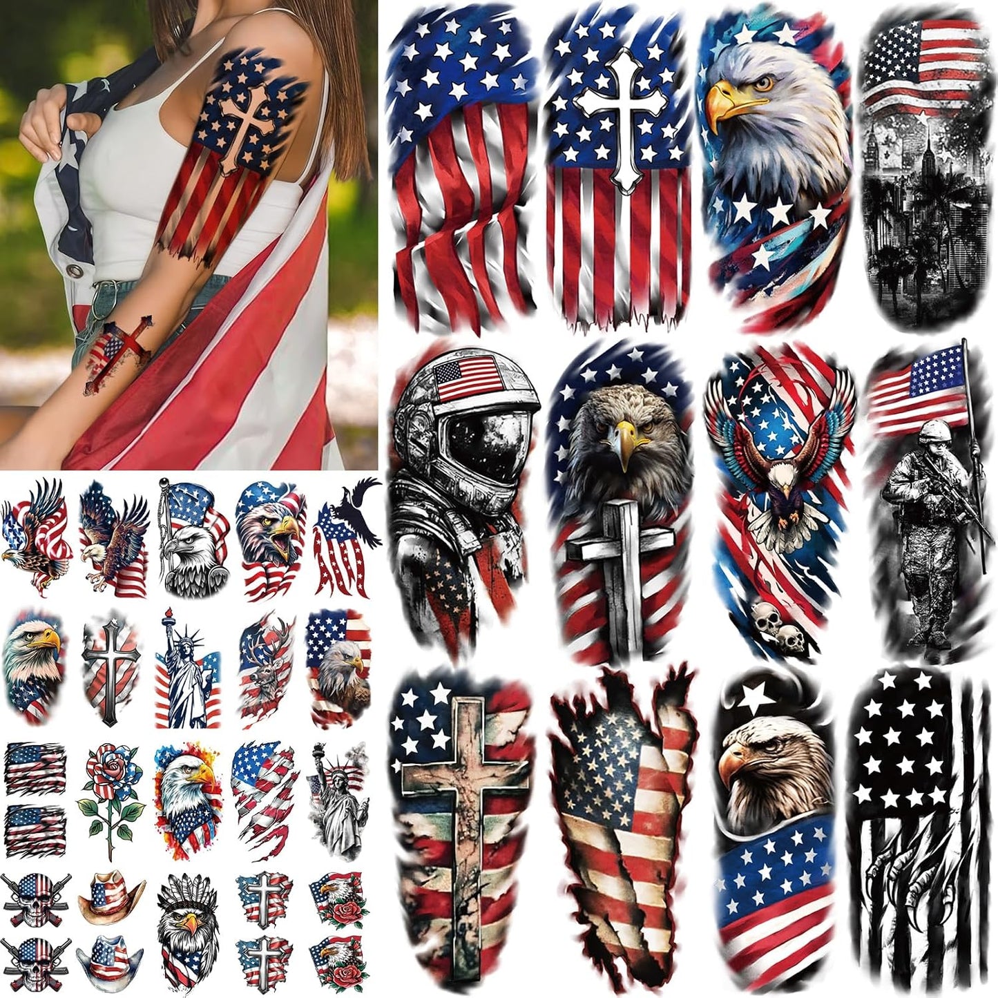Independence Day Temporary Tattoos - USA Flag Waterproof Fake Tattoos | 77 Sheets for 4th of July, Memorial Day & Veterans Day