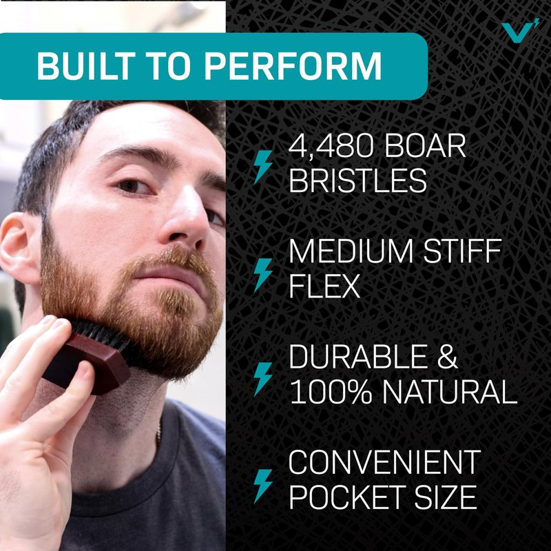 VOLT Grooming Octo Beard Brush for Men, 100% Natural Boar Bristle Brush with Wooden Handle, Medium Hardness, Detangles, Softens & Styles for Beard Care, Compact Travel Size, Short to Medium Beards