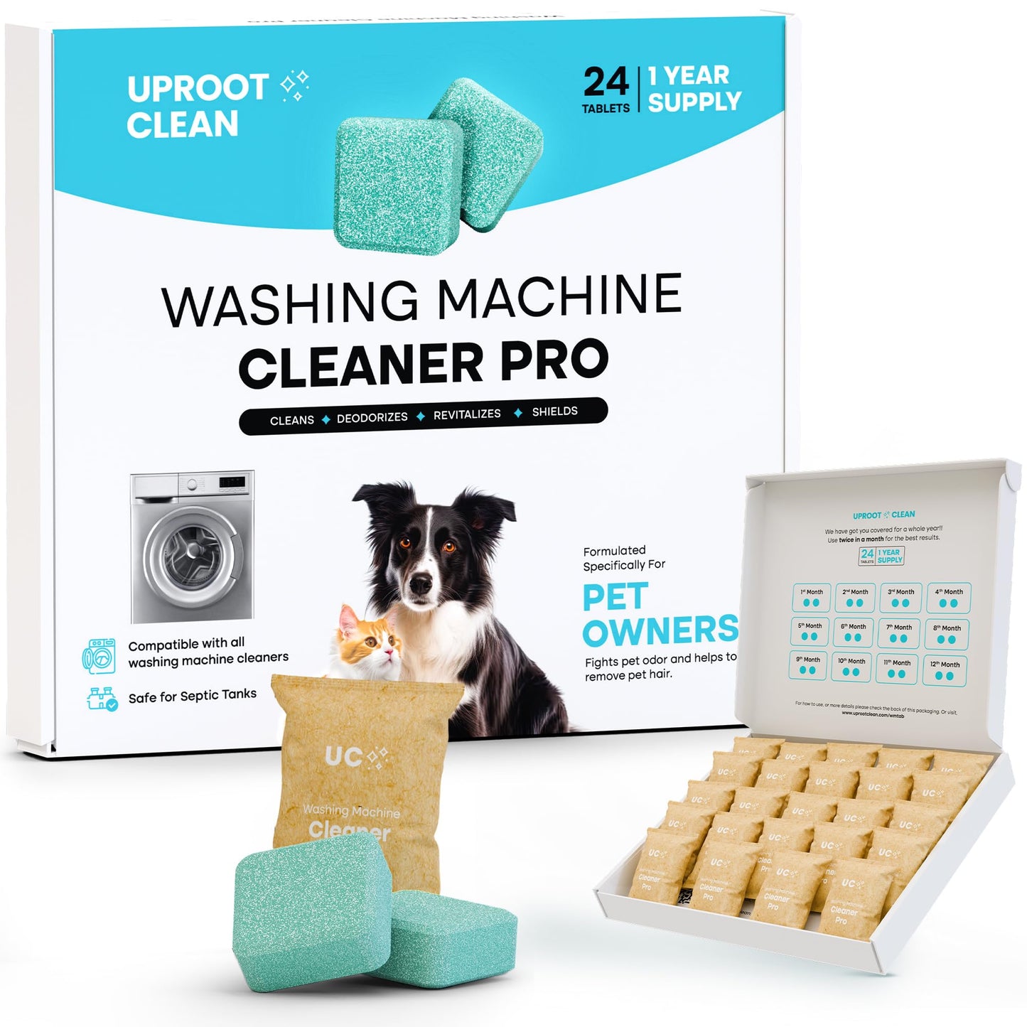 Uproot Clean Washing Machine Cleaner Tablets - 24 Pack for a 12 Month Supply. Formulated for Pet Owners. Compatible with HE, Top & Front Load. Easily Removes Residue, Grime, and Odors. Septic Safe.