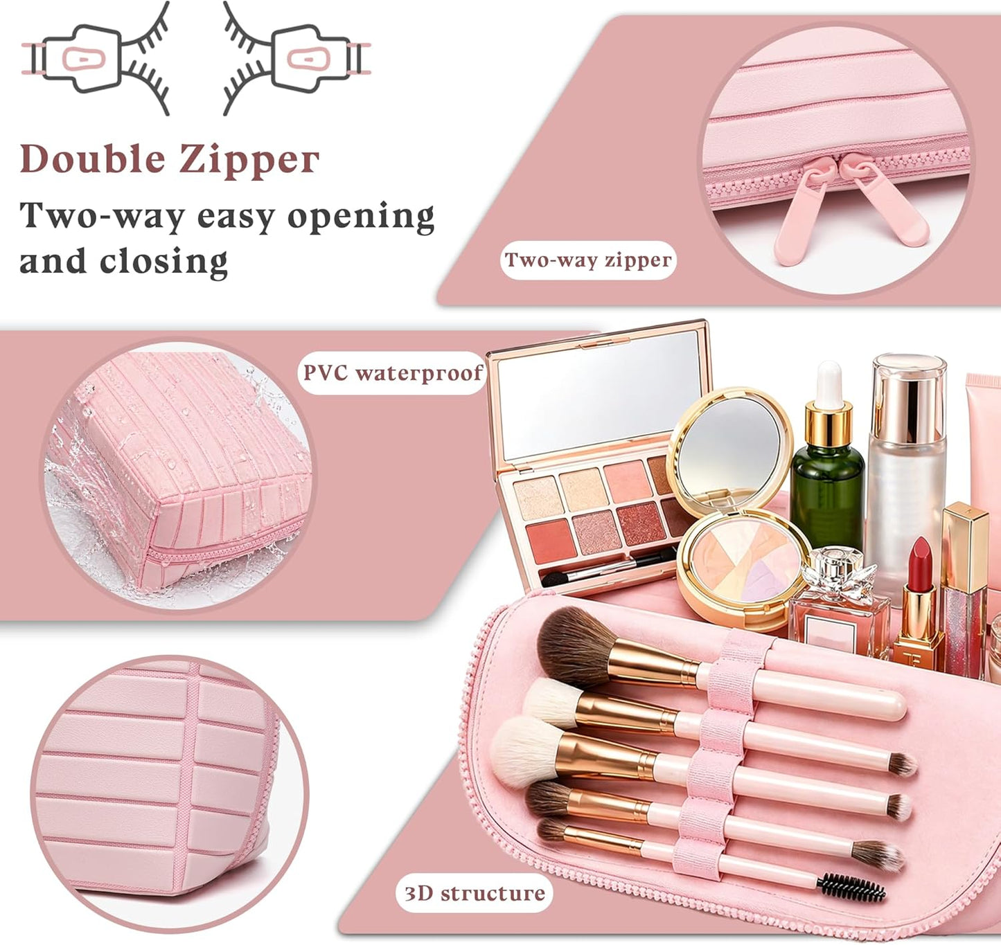 Travel Makeup Bag - Fold-Down Design with Adjustable Dividers | Brown Cosmetic Organizer