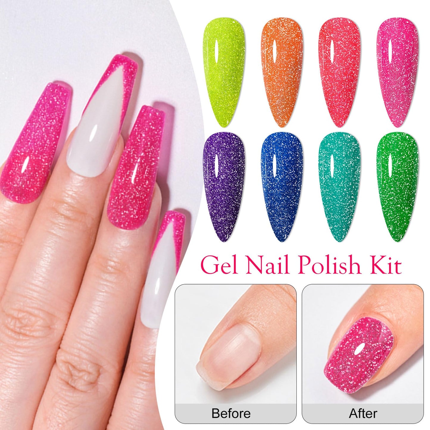 MEET ACROSS 8Pcs Neon Glitter Gel Nail Polish Set, Fluorescent Gel Polish Pink/Lavender/Orange/Green Fluorescent Shades Nail Polish for Daily & Holiday DIY Salon