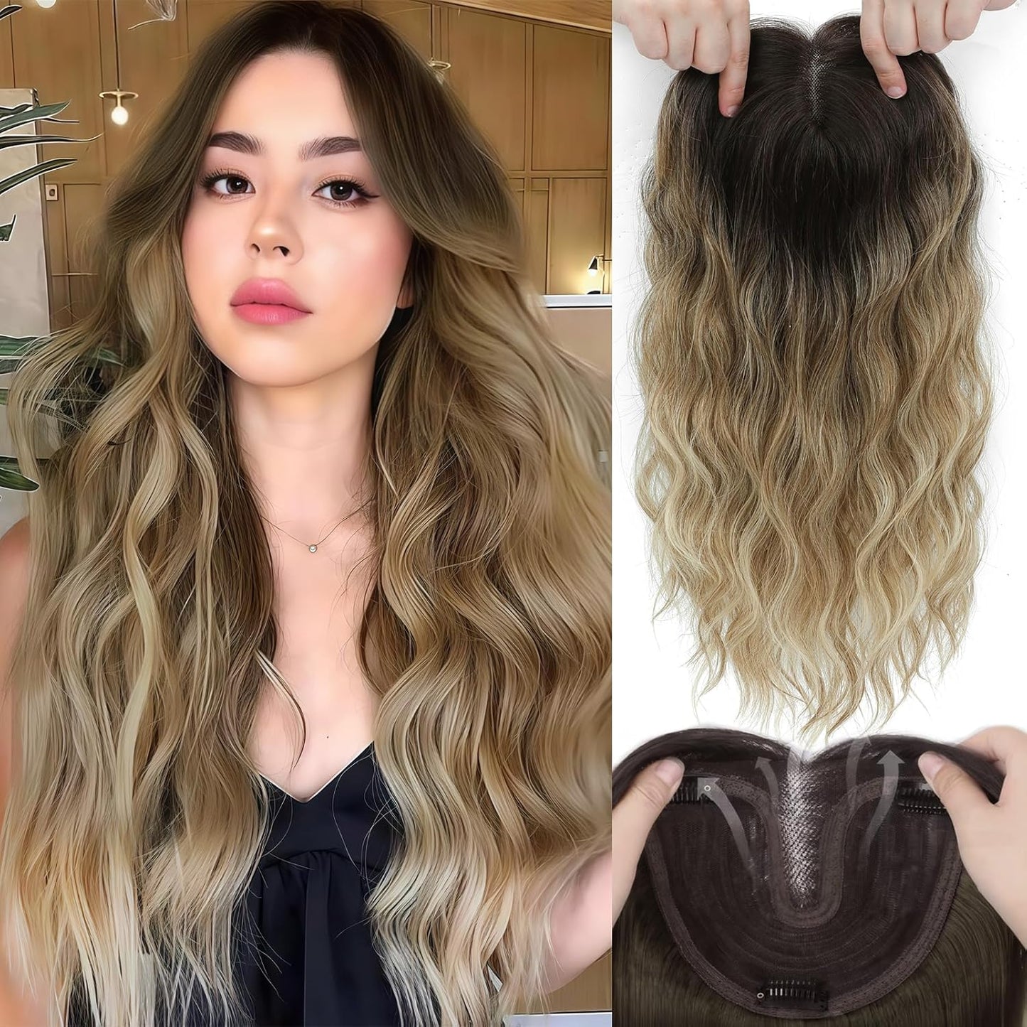 16 Inch Hair Topper for Women - Synthetic Curly Wavy Clip-In with Wispy Bangs | Auburn Brown Natural Volume