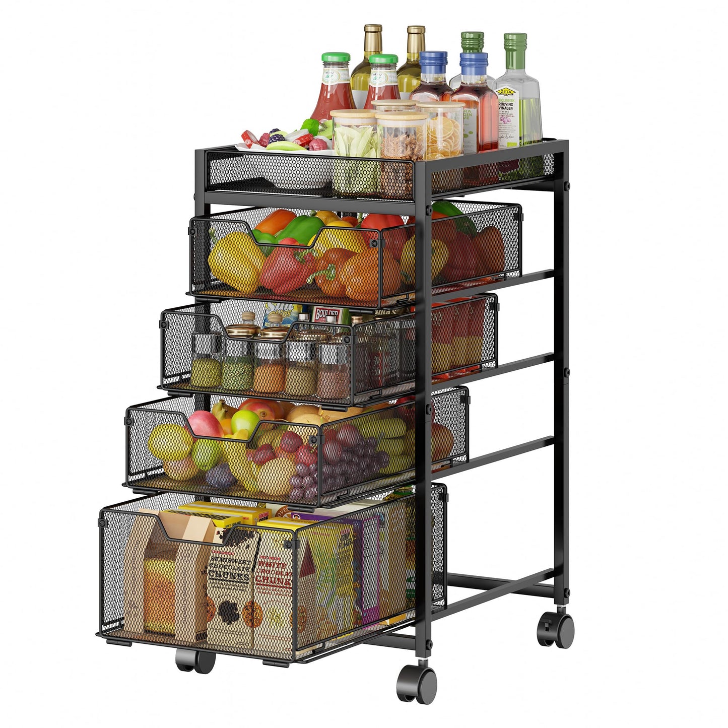keomaisyto 5-Tier Kitchen Storage Cart with Top Basket & Drawers, Fruit and Vegetable Storage Rack on Wheels, Metal Rolling Cart with Drawers & Kitchen Organization for Snacks, Potatoes, Onions, Cans