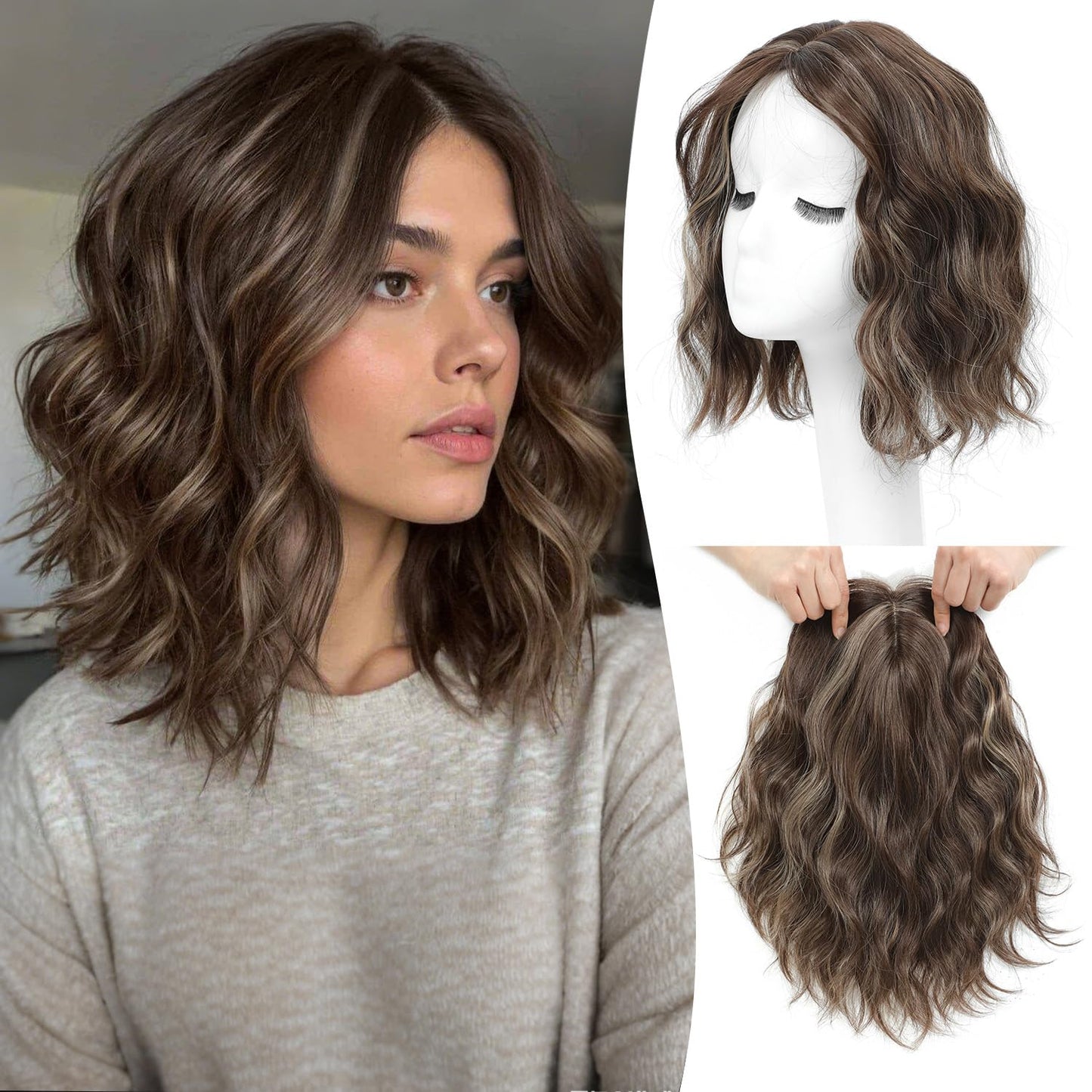 Short Wavy Hair Topper for Women - 11 Inch Natural Synthetic Hairpiece, Lightweight & Breathable | Dark Brown, 6.5"x6.5" Base