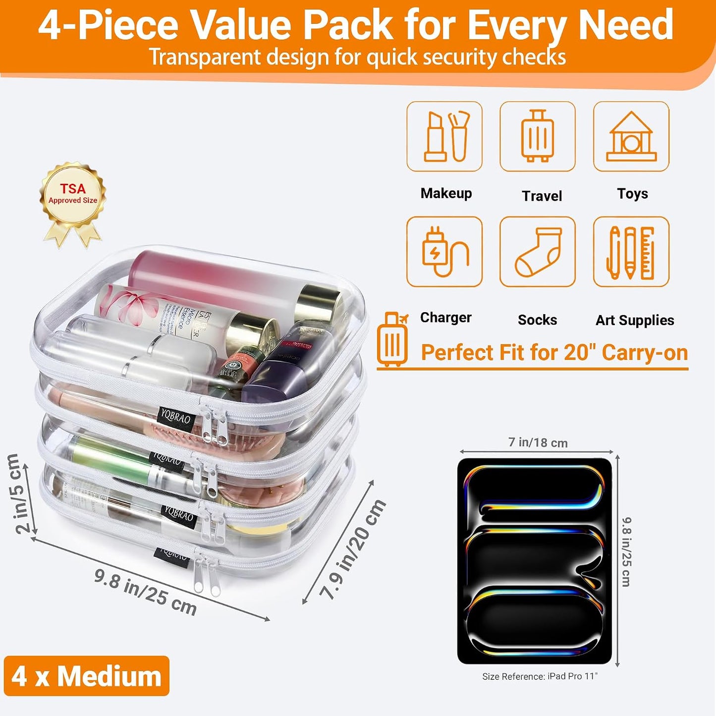 Clear Diaper Bag Organizer Pouches - 4-Pack Ultra-Thick PET Travel Bags | Rigid Self-Standing Design, TSA Approved