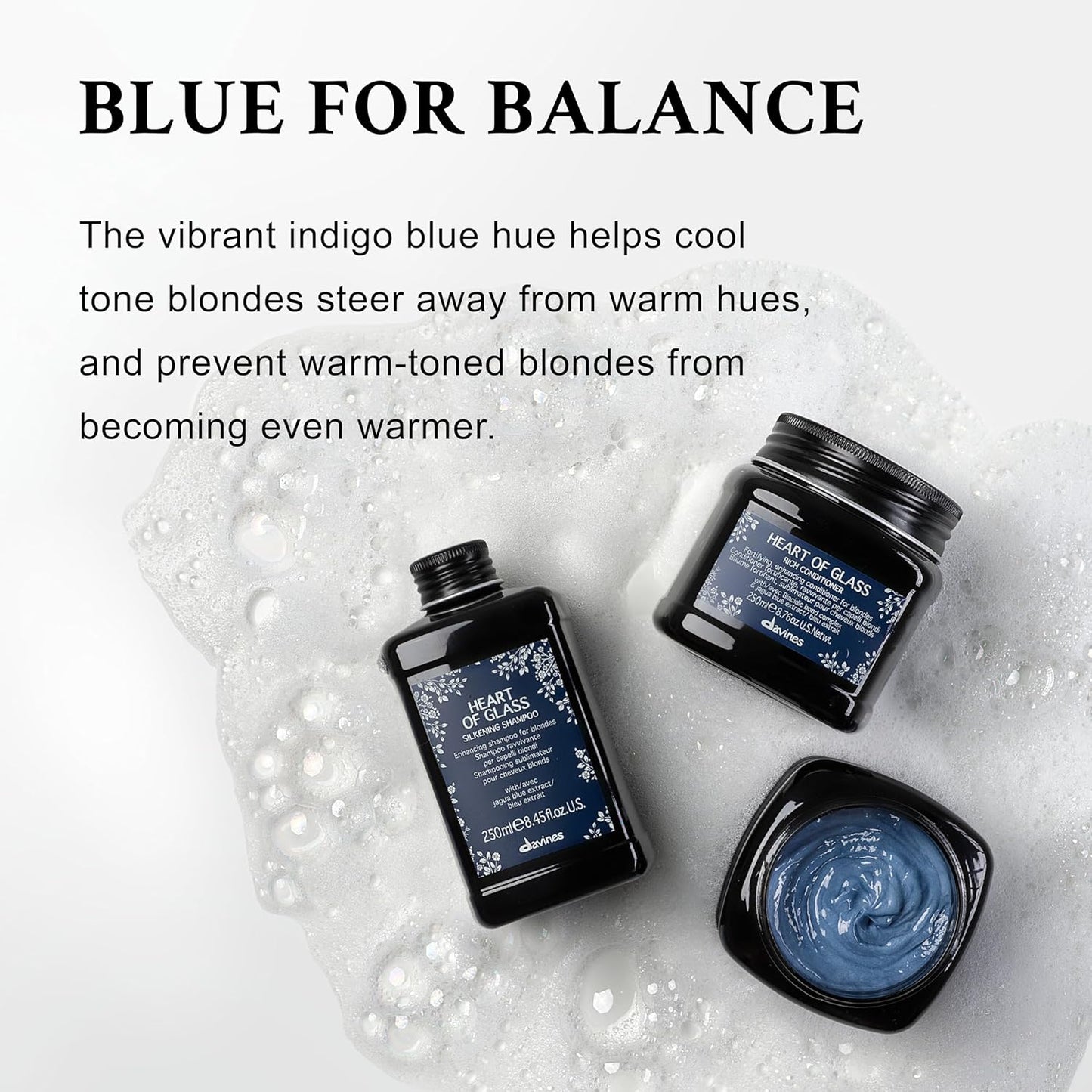 Davines Heart of Glass Shampoo - Enhancing Blue Shampoo for Blonde & Silver Hair | Gentle Cleanser with Jagua Blue Extract