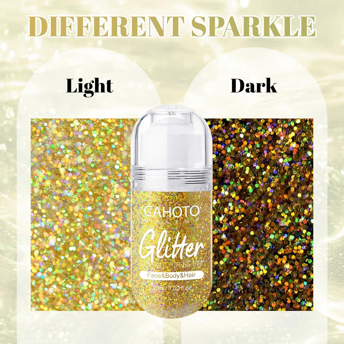 CAHOTO Gold Roll-on Glitter for Face Body and Hair, Mermaid Sparkling Holographic Shimmer, Chameleon Color Rolling Sequins for Concerts Mardi Gras Rave Festival Halloween Party Carnival, 1.02fl.oz