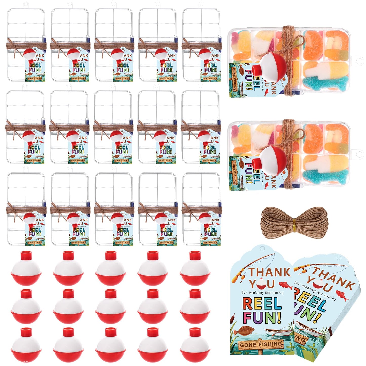 PLUVAVA 15 Pieces Fishing Party Favors Little Candy Tackle Boxes with Red White Floater Thank You Cards for Making Fishing Themed Birthday Party Decorations (15 PCS)