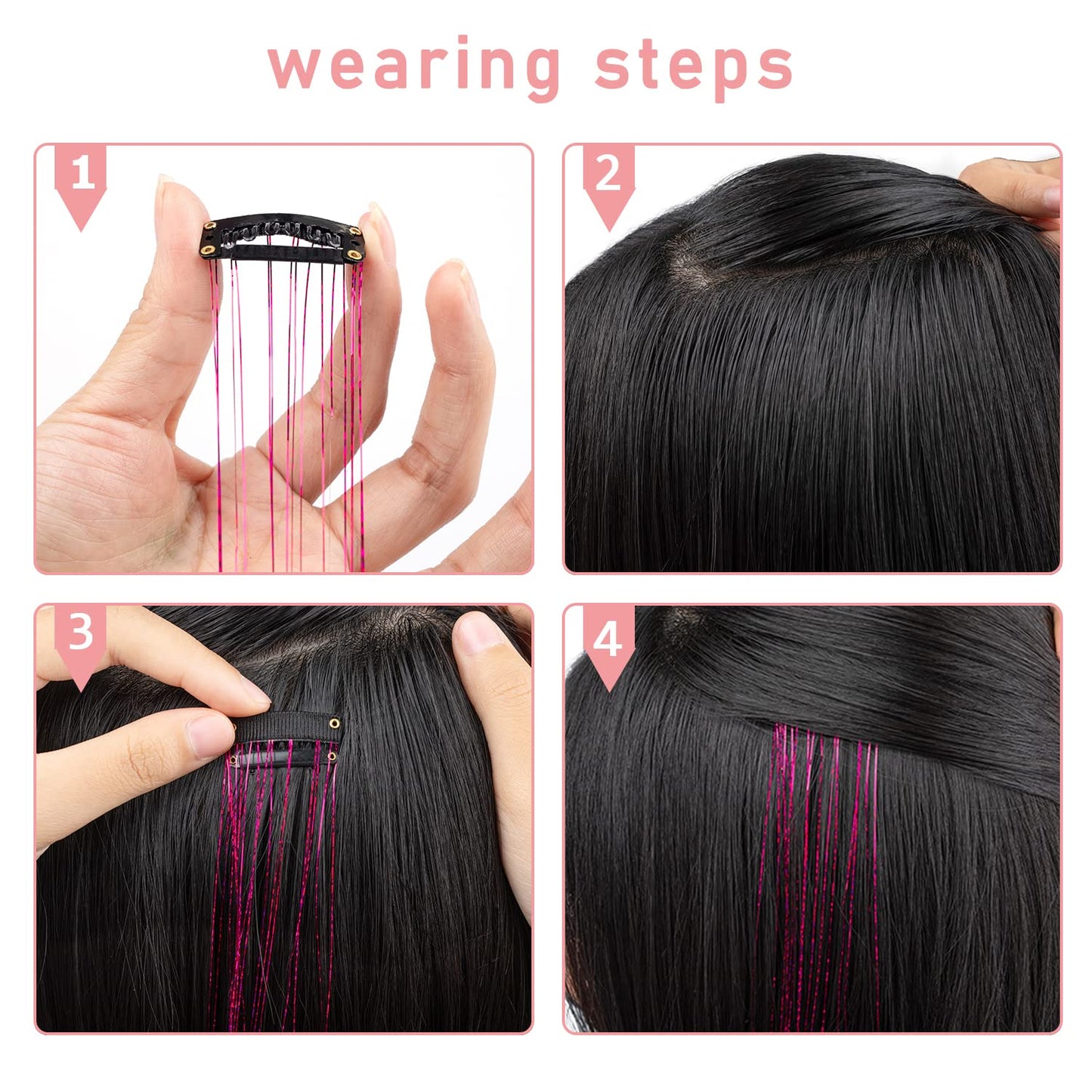 Hair Tinsel 12Pcs Clip in Rainbow Hair Accessories 20.5 Inch Fairy Hair Tinsel Kit for Women Girls Glitter Extensions for Christmas Halloween New Year Party (Rainbow)