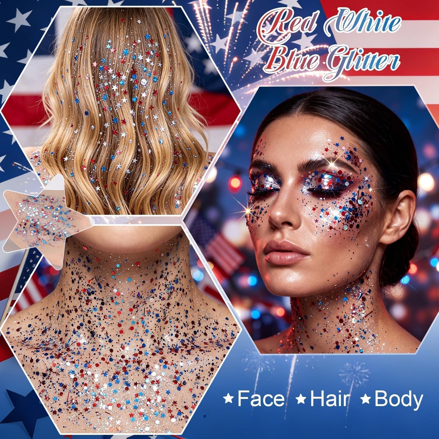 DAGEDA Red White Blue Face Body Glitter Stick,4th of July Accessories Sparkling Hair Glitter Makeup,Patriotic Red White Blue Patriotic Accessories,Fourth of July Outfit Flag Glitters Makeup(Cheers)