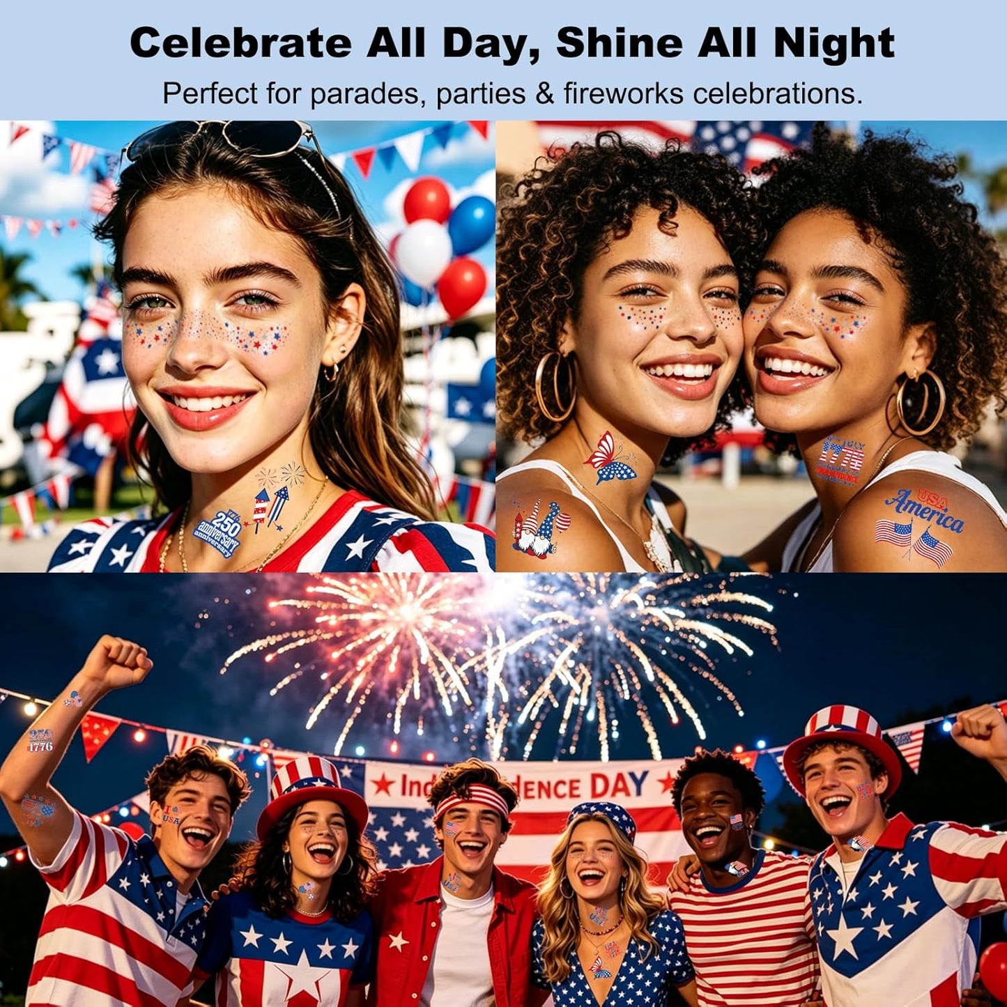 4th of July Glitter Freckles Face Tattoos - Patriotic Temporary Tattoo Stickers | 6 Pcs & 50 Pcs Set for Adults & Kids
