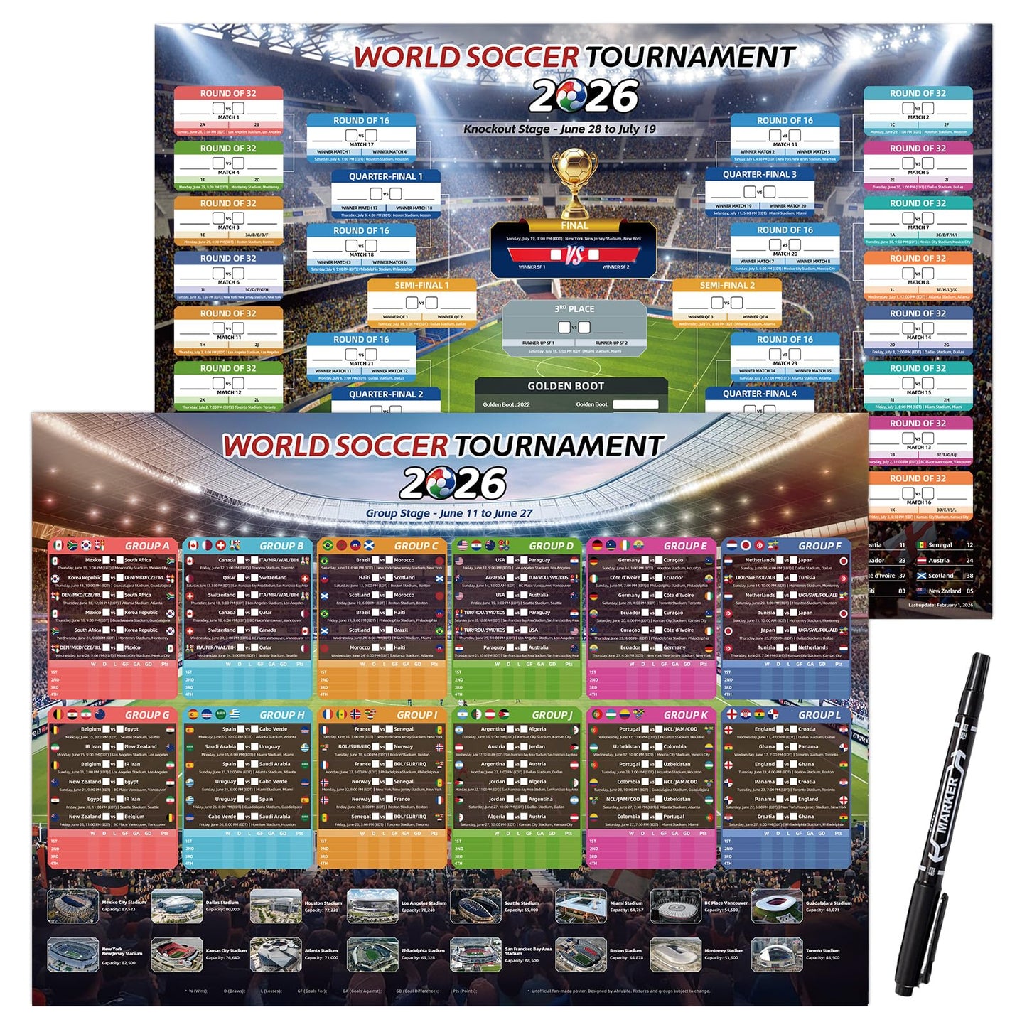 AhfuLife Large World Cup Tournament Schedule Poster, A2 Size-23.3" x 16.5", 2 Pcs Soccer Calendar Wall Chart Decorations, 2026 Soccer Tournament Wallchart for Fans Home Office Bar Party Decor (A2-Folded)