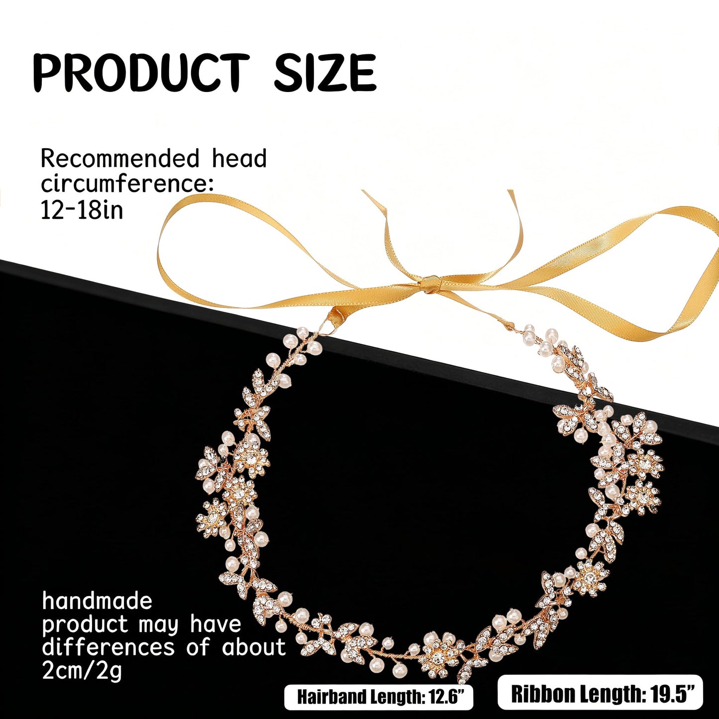Gold Leaves & 9-Petal Crystal Flowers Pearls Bridal Hair Vine, 12.7" Handmade Wedding Headpiece, Flexible Bridal Headband with 19.5" Satin Ribbon for Bride Bridesmaid Prom Pageant Formal Events