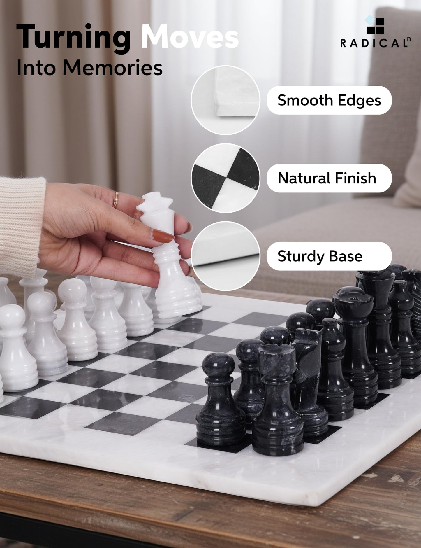 Radicaln Marble Chess Set 15" Inches White and Black with Storage Box Handmade Luxury Board Games for Adults, Ideal Marble Chess Board Game Set & Chess Pieces